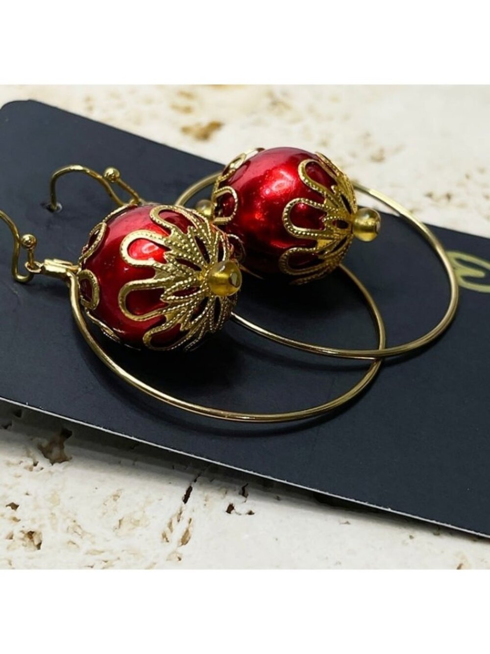 2 Pair Holiday Hoop Earrings Set | Red & Winter Silver Blue Ornament Earrings